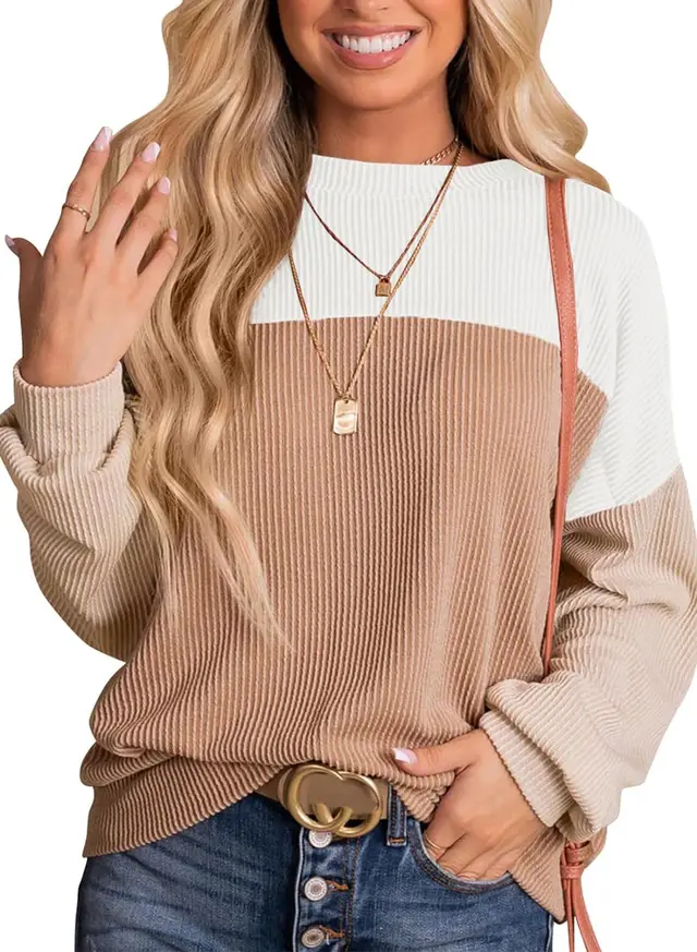 Women's Color Matching Casual Loose Sweater Pullover White Khaki - Shop at LoveMi