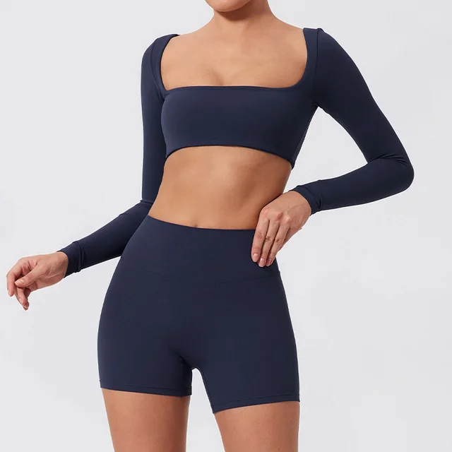 Yoga Long Sleeve Outdoor Running Fitness Sports Top Navy Blue - Shop at LoveMi