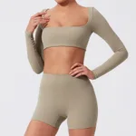 Yoga Long Sleeve Outdoor Running Fitness Sports Top - Sand Color-M-Top - View 1