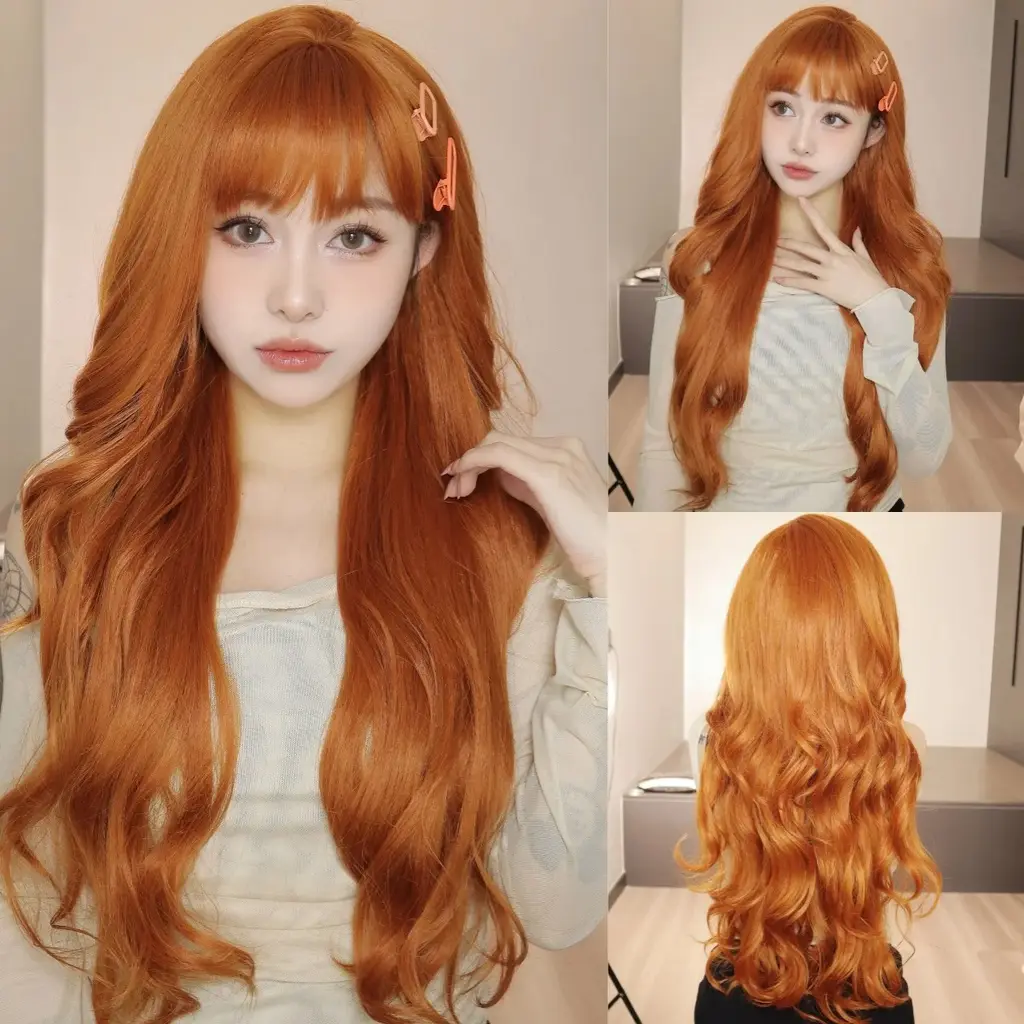 Wig Female Bangs Roller Fluffy Mid-length Hair Natural Full-head Wig - Dirty Orange 28 Inches - View 1