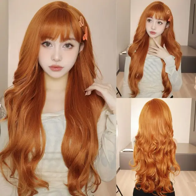 Wig Female Bangs Roller Fluffy Mid length Hair Natural Full head Wig Dirty Orange 28 Inches - Shop at LoveMi