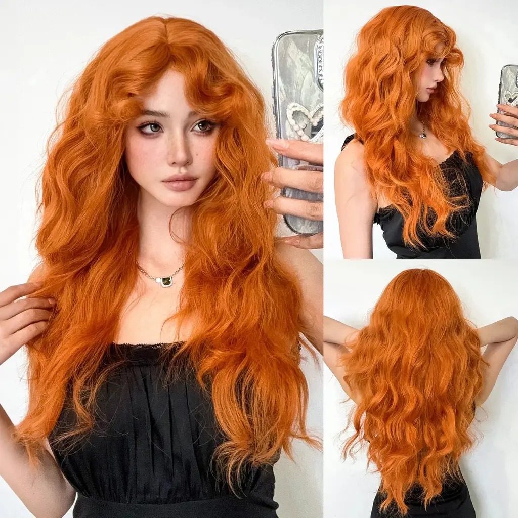 Wig Female Bangs Roller Fluffy Mid-length Hair Natural Full-head Wig - Orange 60Cm