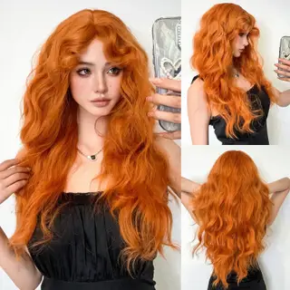 Wig Female Bangs Roller Fluffy Mid-length Hair Natural Full-head Wig - Orange 60Cm