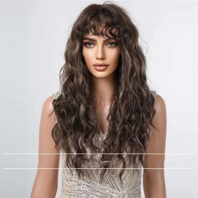 Wig Female Bangs Roller Fluffy Mid length Hair Natural Full head Wig Pickled Brown Lc1071 11 - Shop at LoveMi