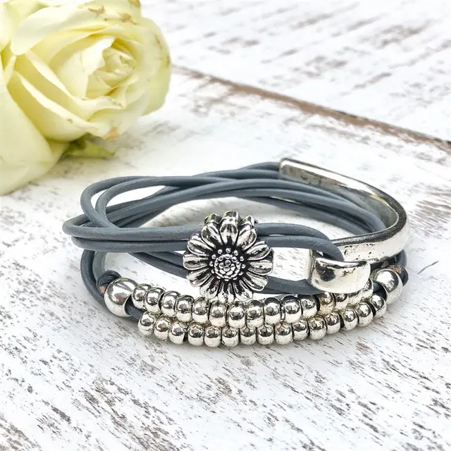 Bracelet Flower Leather Rope Simple Fashion Trendy Niche Couple Female Sl0138 Gray Rope - Shop at LoveMi