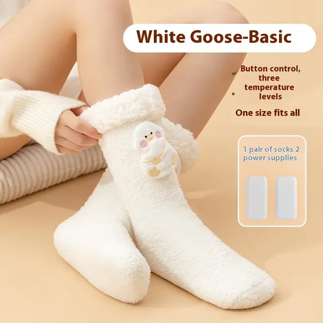 Thickened Fleece Warm Feet Electric Heating Socks White Goose Goose Basic Style - Shop at LoveMi