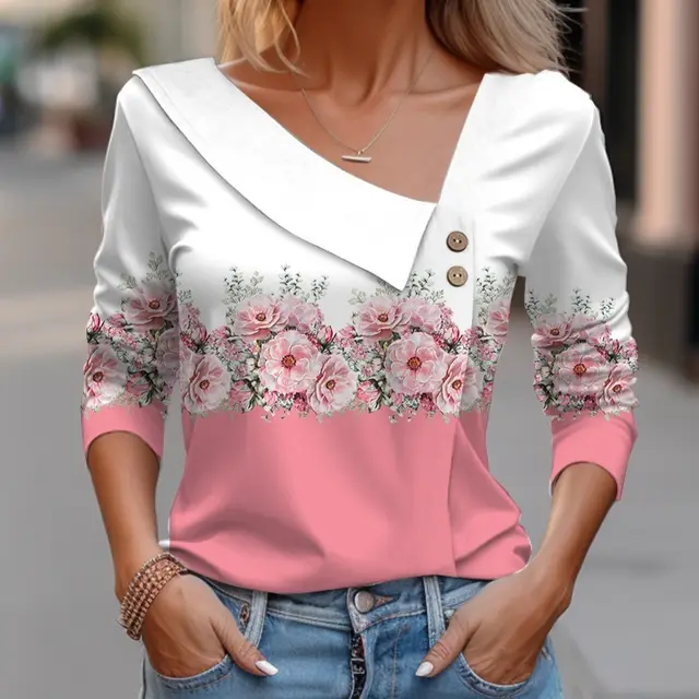 Diagonal Collar Color blocking Flower Printing Long t shirt St62061Y - Shop at LoveMi
