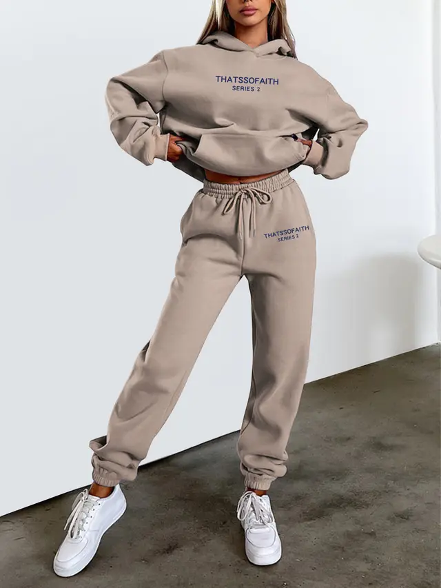 Women's Letter Printed Hoodie Trousers Suit Apricot - Shop at LoveMi
