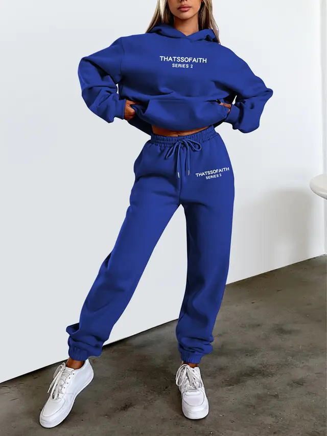 Women's Letter Printed Hoodie Trousers Suit Sapphire Blue - Shop at LoveMi