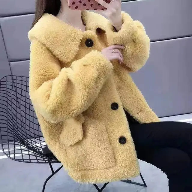 Thickened Warm Leather Plush Top Autumn And Winter New Korean Style Loose Short Coat Women Yellow - Shop at LoveMi