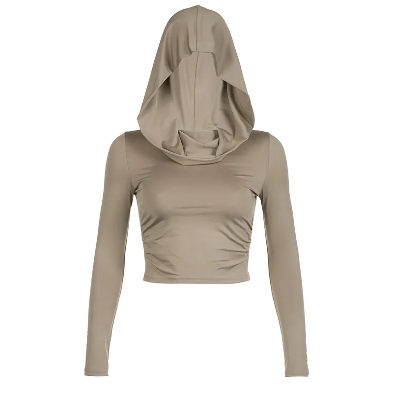 Solid Colour Swing Collar Off-shoulder Hooded Top - 4094 Brown