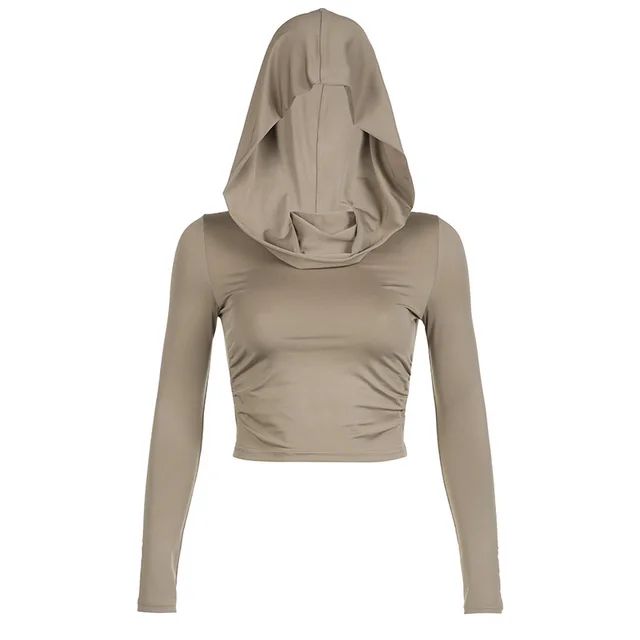 Solid Color Swing Collar Off shoulder Hooded Top 4094 Brown - Shop at LoveMi