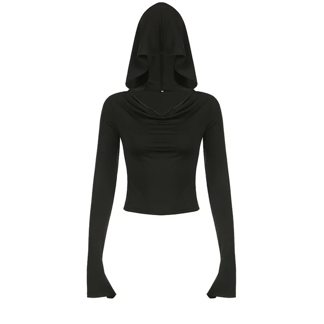 Solid Color Swing Collar Off shoulder Hooded Top Black - Shop at LoveMi