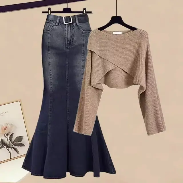 Autumn Elegant Women's All matching Long Sleeve Top Fishtail Skirt Two piece Suit Khaki Blouse Fishtail Skirt - Shop at LoveMi