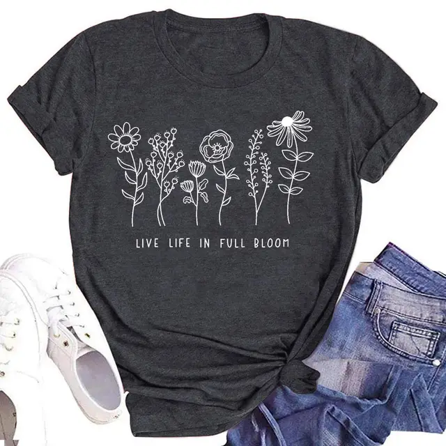 Spring And Summer Women's Printed Cotton T shirt 10 Colored Cotton 4 Blackgray - Shop at LoveMi