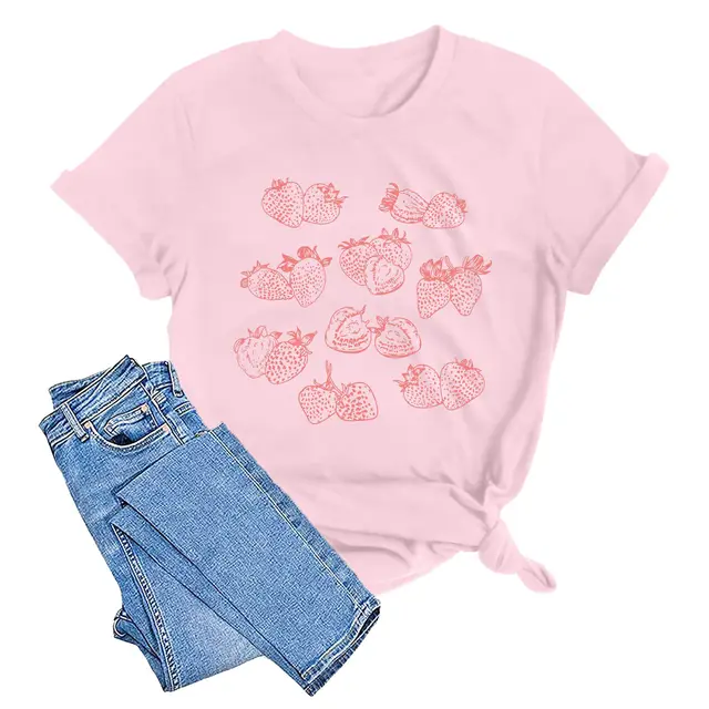 Spring And Summer Women's Printed Cotton T shirt 5 Colored Cotton 39 Pink - Shop at LoveMi