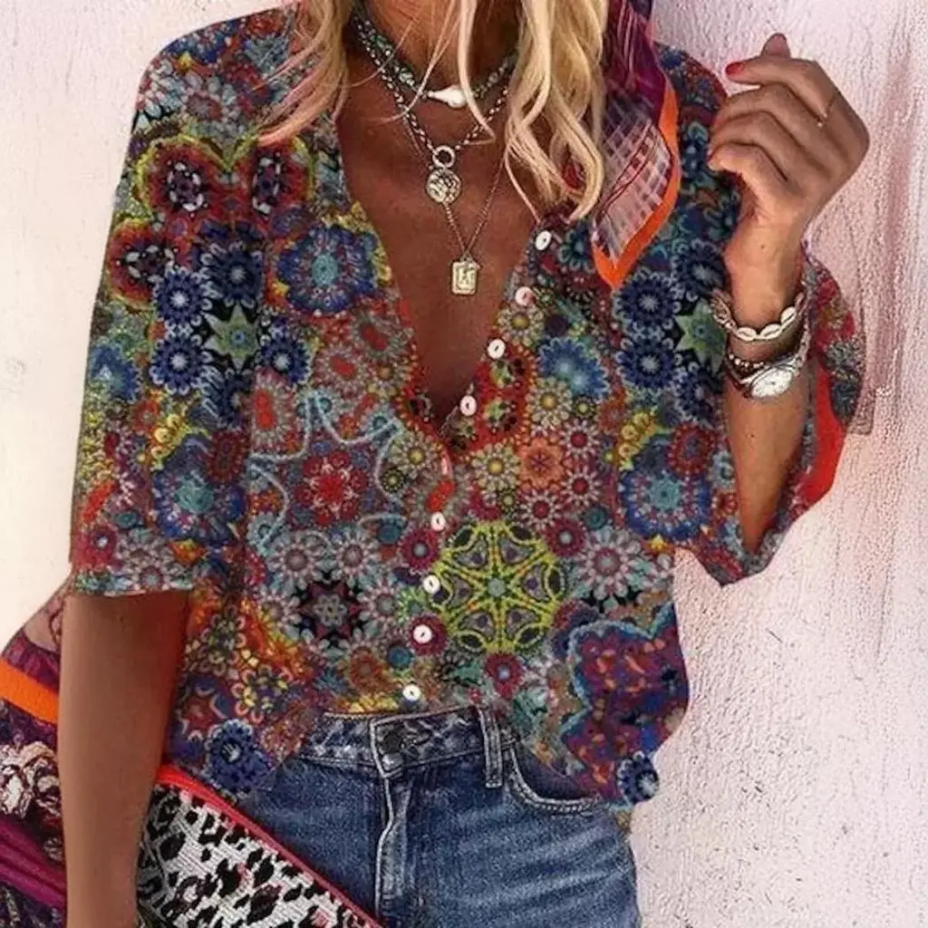 Creative Shading Pattern 3D Printing Home Leisure Short Sleeve V-neck Shirt Women - 4 C243