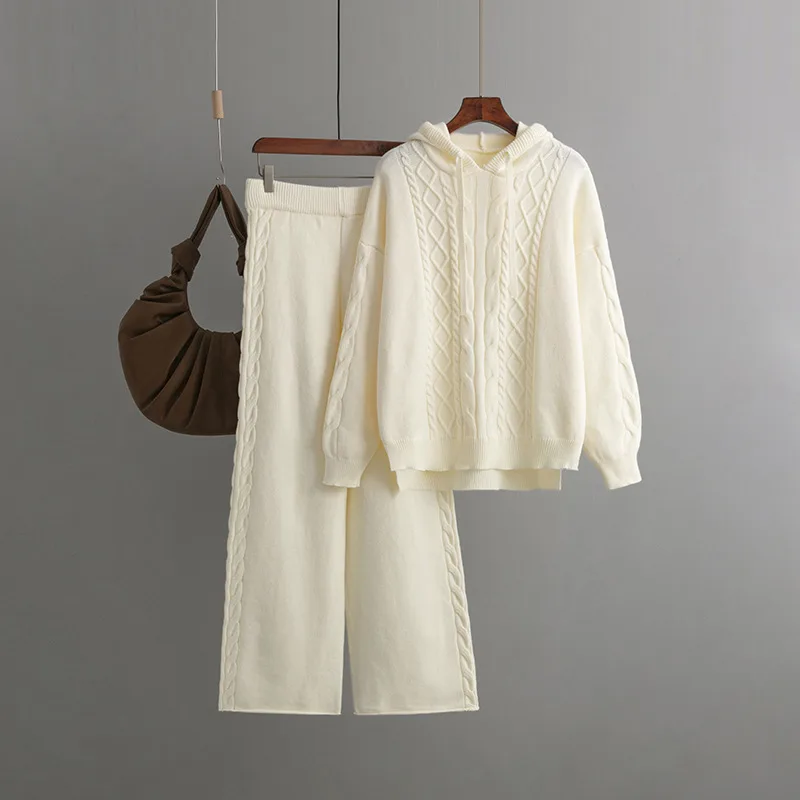 Female Drawstring Hooded Loose Sweater And Pants Set - Beige
