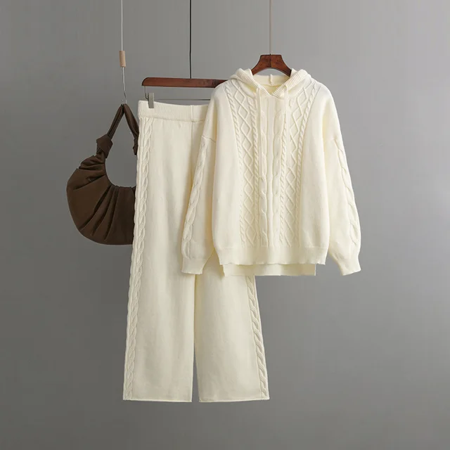 Female Drawstring Hooded Loose Sweater And Pants Set Beige - Shop at LoveMi