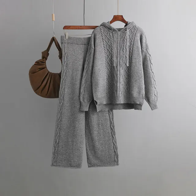 Female Drawstring Hooded Loose Sweater And Pants Set Gray - Shop at LoveMi