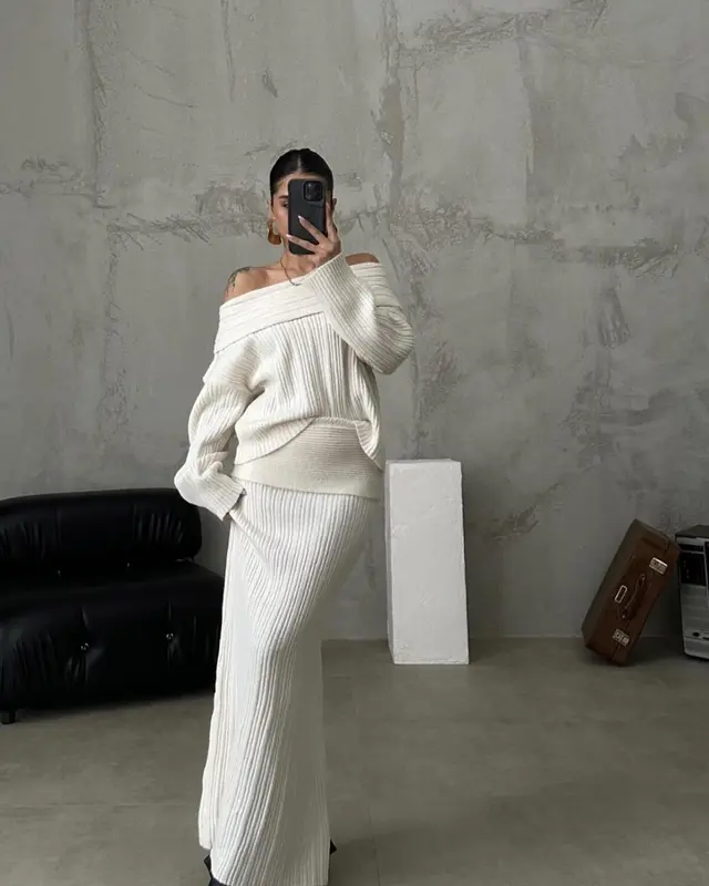 European And American Style Off shoulder Slimming Loose Solid Color Knitted Sweater Two piece Suit Long Sleeve Beige - Shop at LoveMi