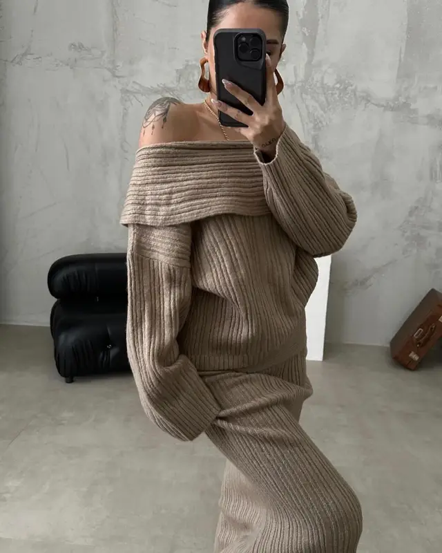 European And American Style Off shoulder Slimming Loose Solid Color Knitted Sweater Two piece Suit Long Sleeve Camel - Shop at LoveMi