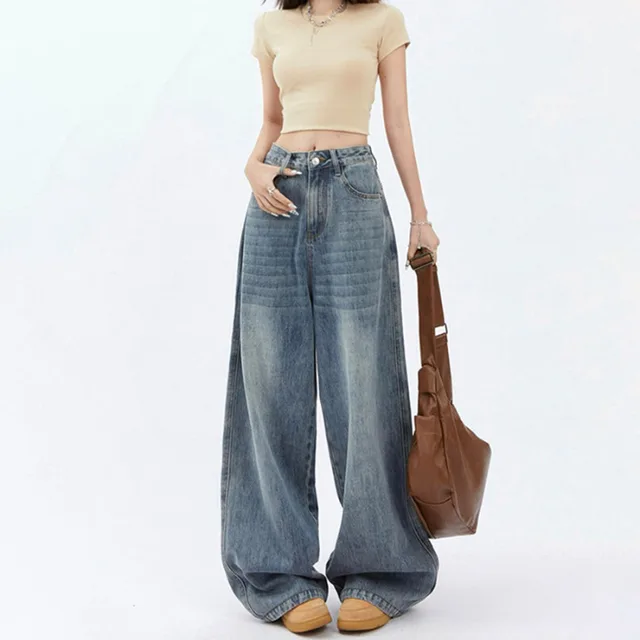 Women's High Waist Wide Leg Jeans Baggy Straight Trousers Retro Blue - Shop at LoveMi