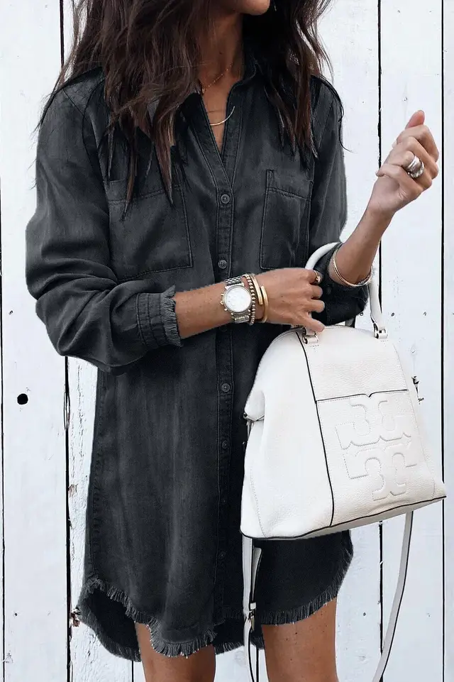 Plus Size Loose Women's Shirt Mid length Denim Shirt Black - Shop at LoveMi
