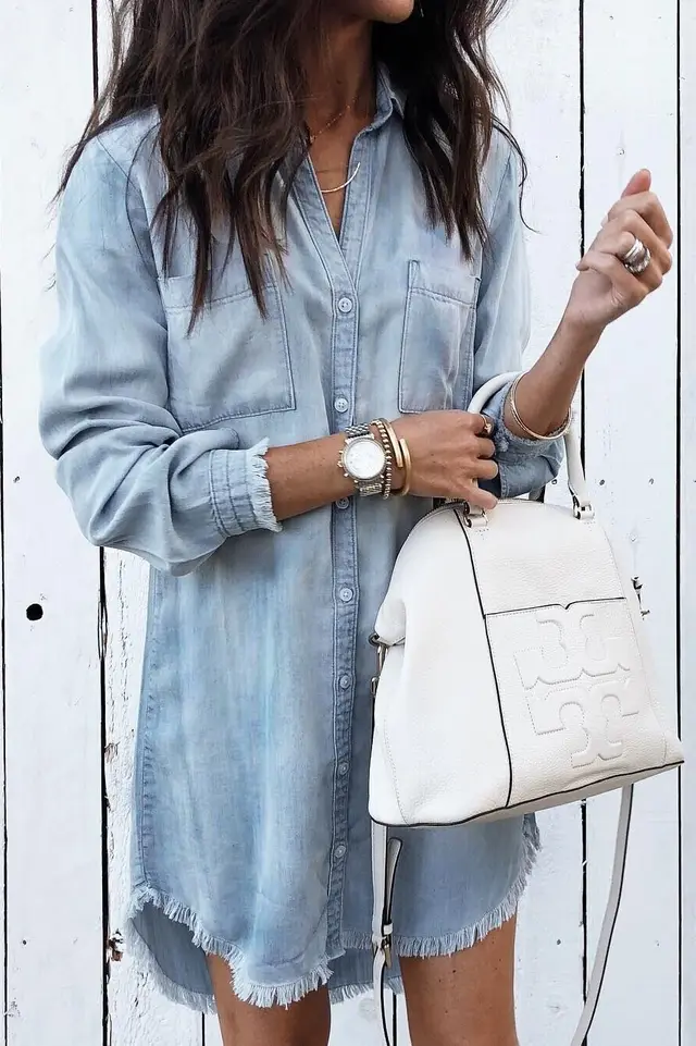 Plus Size Loose Women's Shirt Mid length Denim Shirt Light Blue - Shop at LoveMi