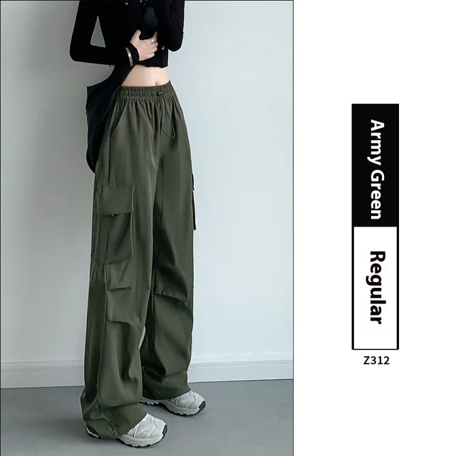 Women's Thickened Straight High Waist Mountaineering Wide Leg Pants Army Green Spring And Autumn - Shop at LoveMi