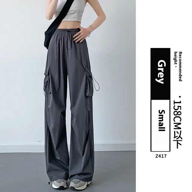 Women's Thickened Straight High Waist Mountaineering Wide Leg Pants Gray Summer Cropped - Shop at LoveMi