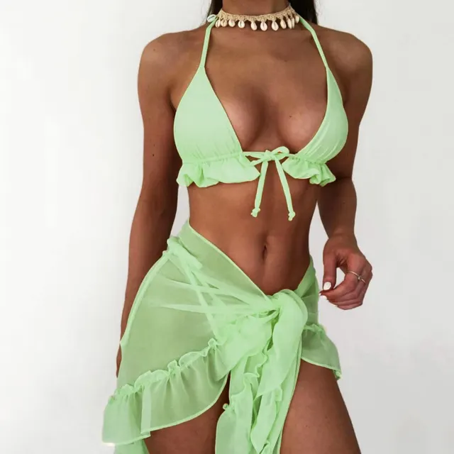 Pleating Lace up Halterneck Mesh Bikini Solid Color Three piece Set Green - Shop at LoveMi