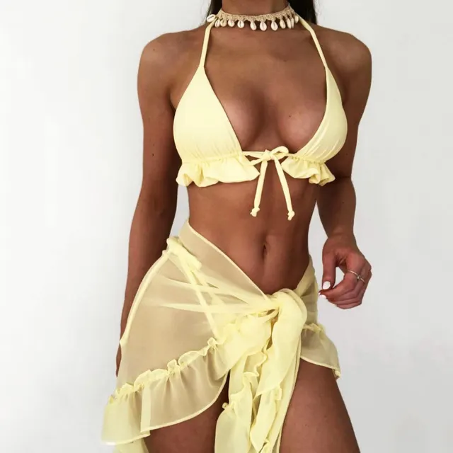 Pleating Lace up Halterneck Mesh Bikini Solid Color Three piece Set Yellow - Shop at LoveMi
