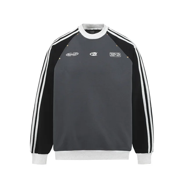 Striped Stitching Contrast Color Raglan Long Sleeve Men's Retro Loose Sports Sweater Dark Gray - Shop at LoveMi