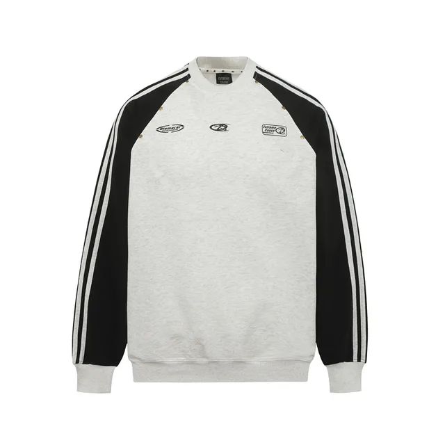 Striped Stitching Contrast Color Raglan Long Sleeve Men's Retro Loose Sports Sweater Shallow Flower Ash - Shop at LoveMi