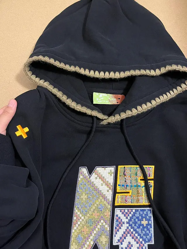 Retro Ethnic Style Woven Patch Versatile Loose Hooded Sweater Black - Shop at LoveMi