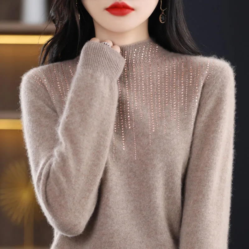 Women's Diamond embedded Half turtleneck Wool Sweater Bottoming Shirt Camel - Shop at LoveMi