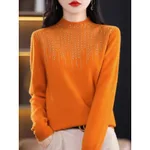 Women's Diamond-embedded Half-turtleneck Wool Sweater Bottoming Shirt - Orange