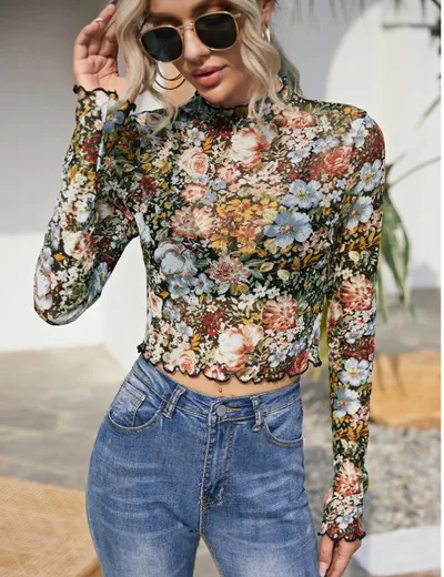 Lettuce Edge Floral Print Mesh Top Color - Shop at LoveMi