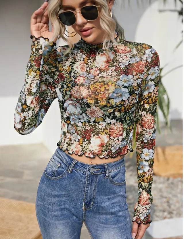 Lettuce Edge Floral Print Mesh Top - Color - View 1