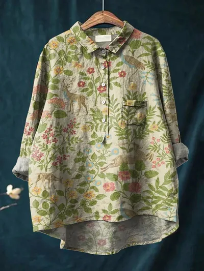 Lapel Long Sleeve Shirt Vintage Floral Flower T shirt Shirt 1 D759 - Shop at LoveMi