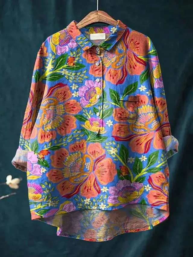 Lapel Long Sleeve Shirt Vintage Floral Flower T shirt Shirt 2 Models D759 - Shop at LoveMi