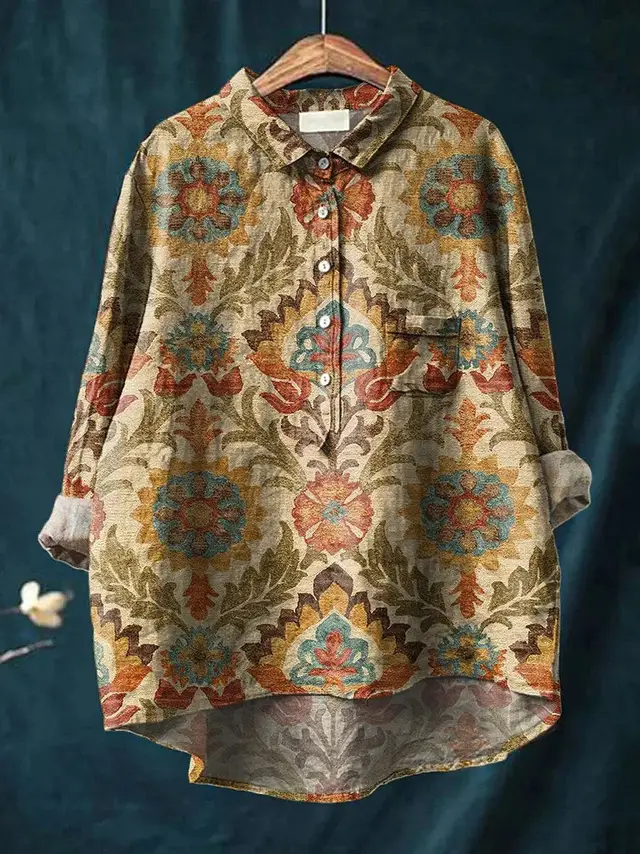 Lapel Long Sleeve Shirt Vintage Floral Flower T shirt Shirt 4 Models D759 - Shop at LoveMi