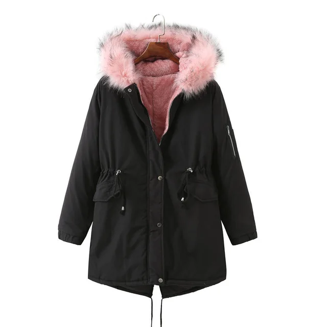 Winter Clothing Fleece lined Thickened European Size Cotton padded Coat Black Pink Wool - Shop at LoveMi