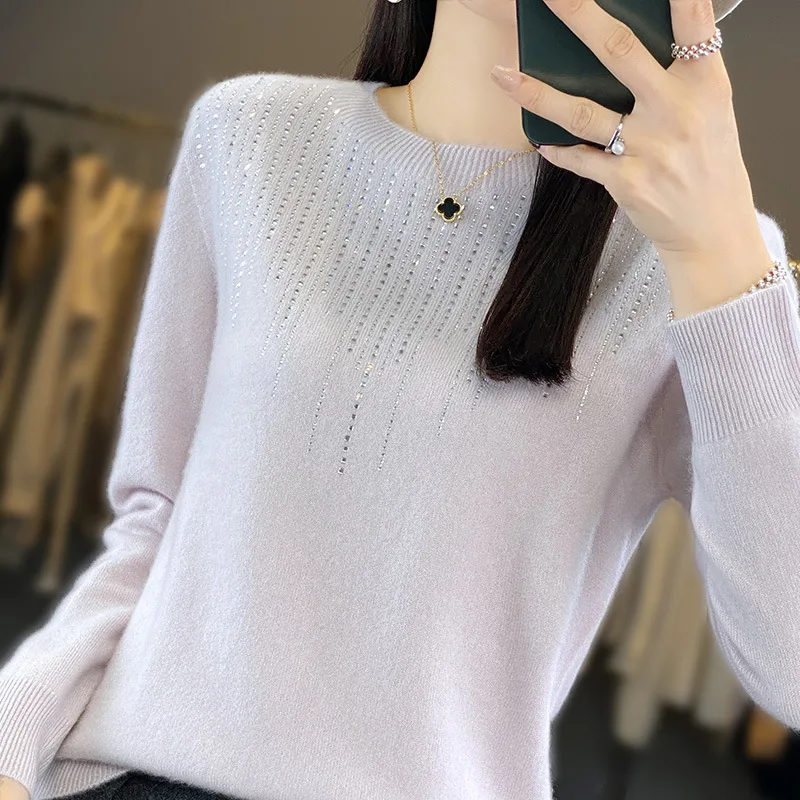 Round Neck Rhinestone Long sleeved Knitted Bottoming Shirt Women's Pullover Sweater White Silver Gray - Shop at LoveMi
