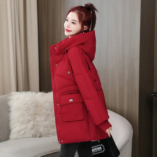 Winter Thick Mid length Cotton Clothing Loose Plus Size Hooded Cotton padded Jacket Wine Red - Shop at LoveMi