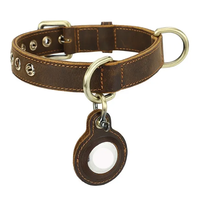 Retro Double sided Cowhide Dog Collar Handmade Halter Positioning Tracking Anti lost Brown Large - Shop at LoveMi