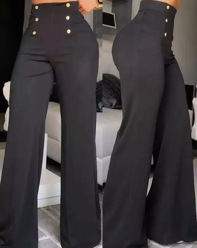 Double breasted Micro stretch Wide leg Pants Double Breasted Black - Shop at LoveMi