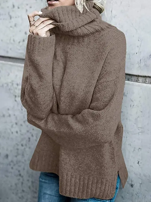 Women's Fashion Core spun Yarn Turtleneck Long sleeved Pullover Knitted Sweater Brown - Shop at LoveMi