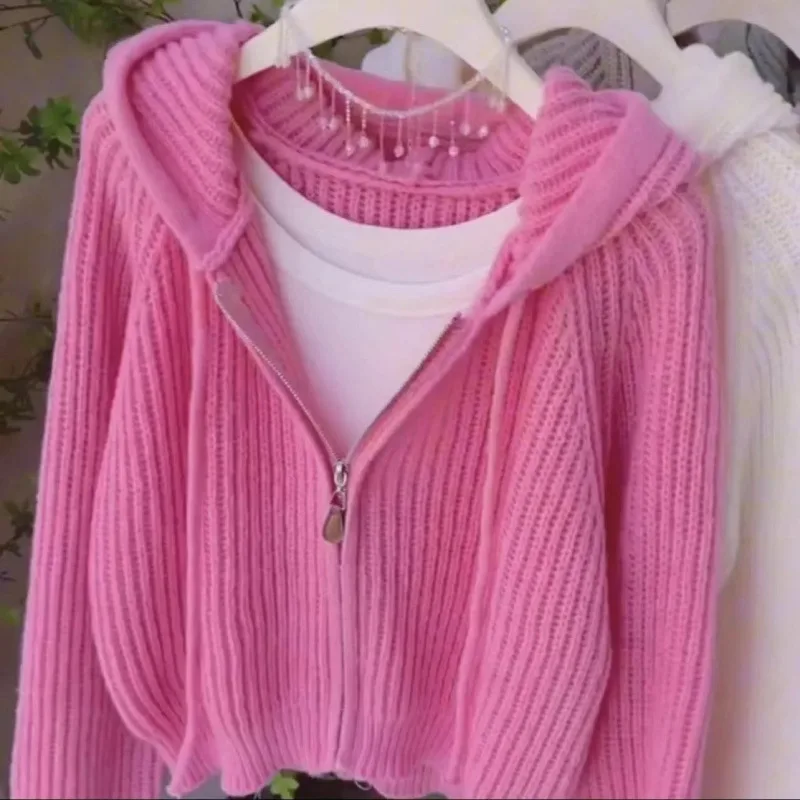 Short Hooded Knit Cardigan Women's Fall Winter Coat - Pink